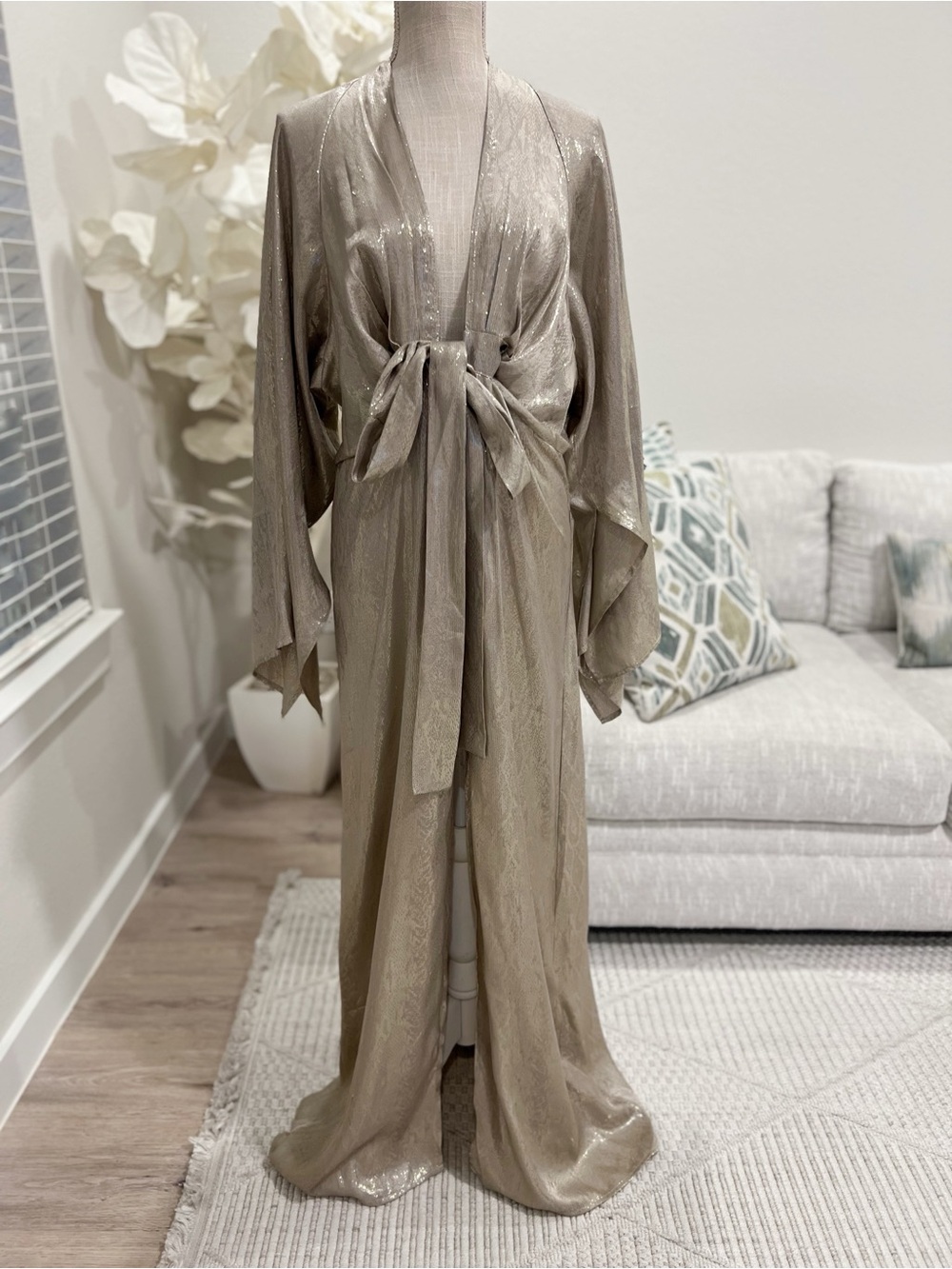 Rat & Boa Bowie Metallic Gold And Silver Tie Front Silk Woman’s Maxi Dress L